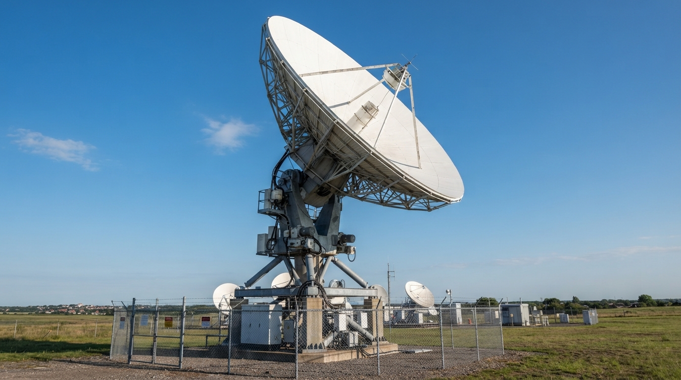 Satellite communications dish outdoors representing broadband services