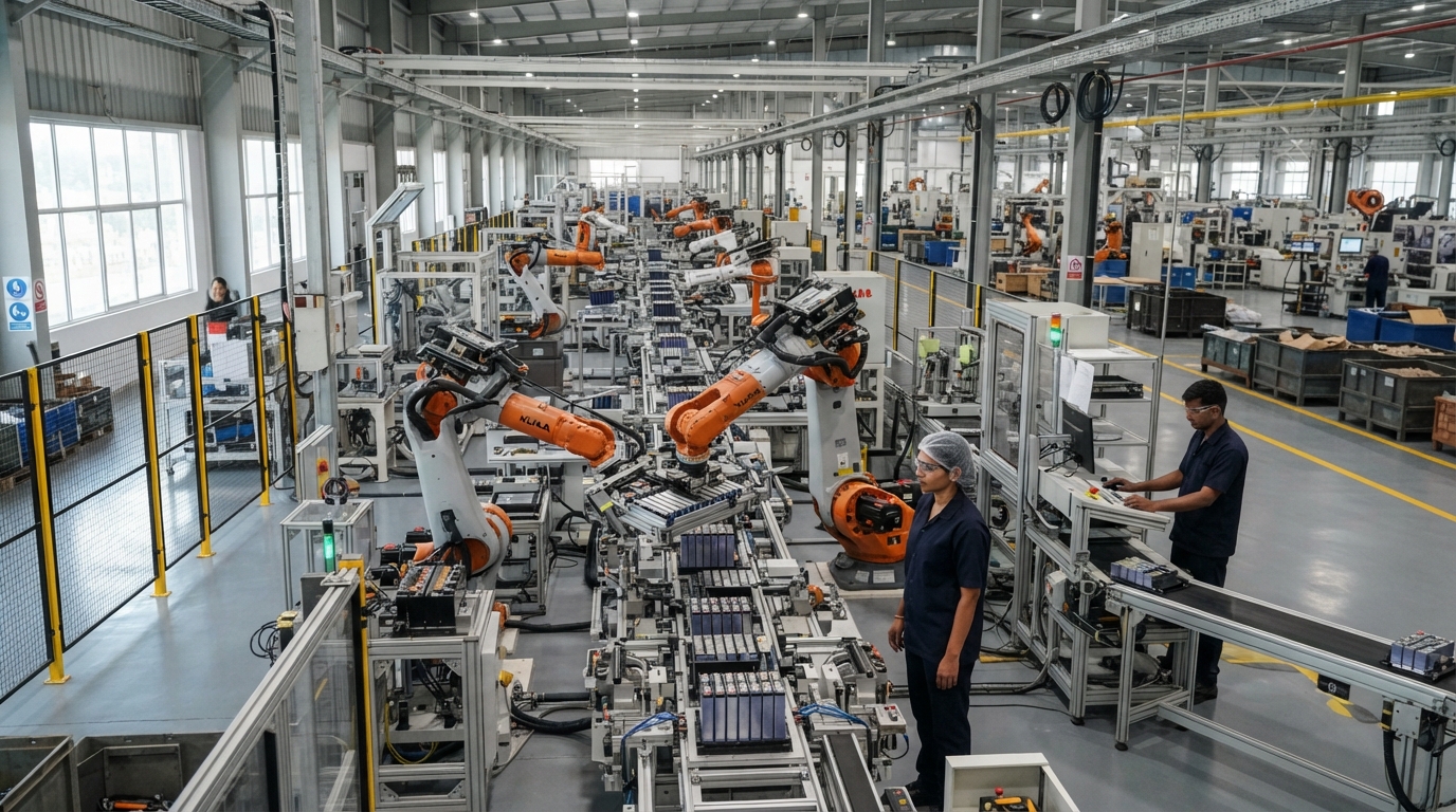 Automated lithium-ion battery manufacturing line inside an industrial plant in Bengaluru
