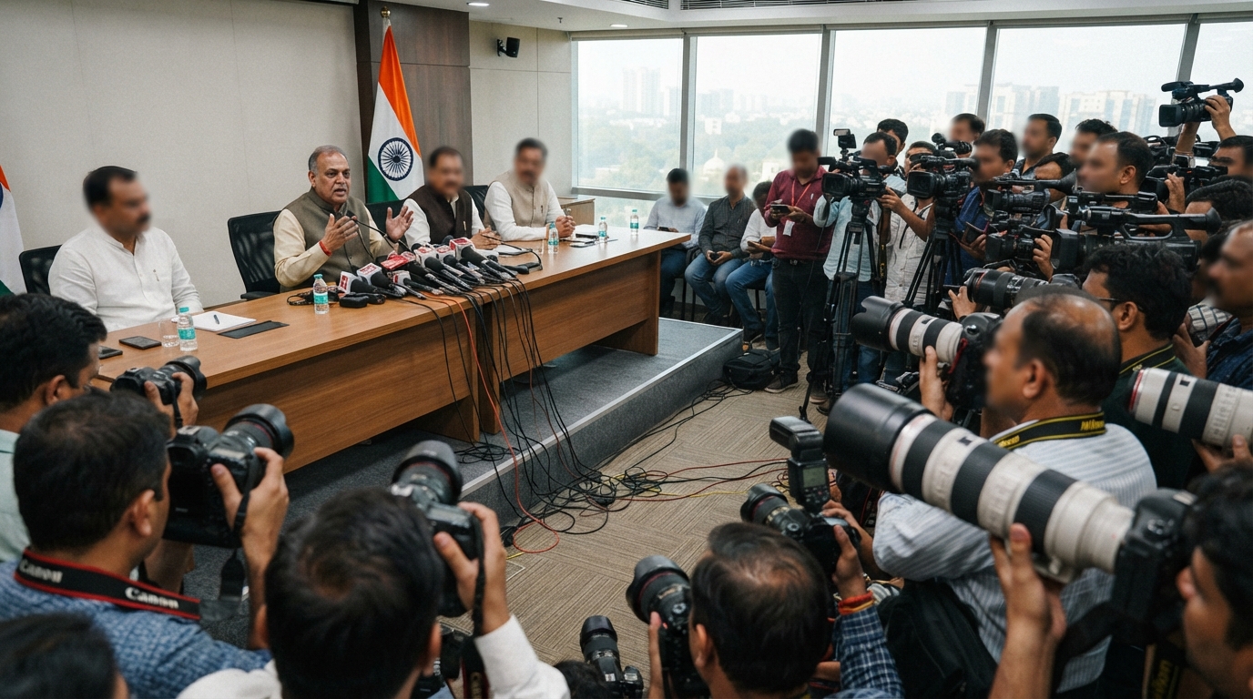 Press conference setup for political announcements in India