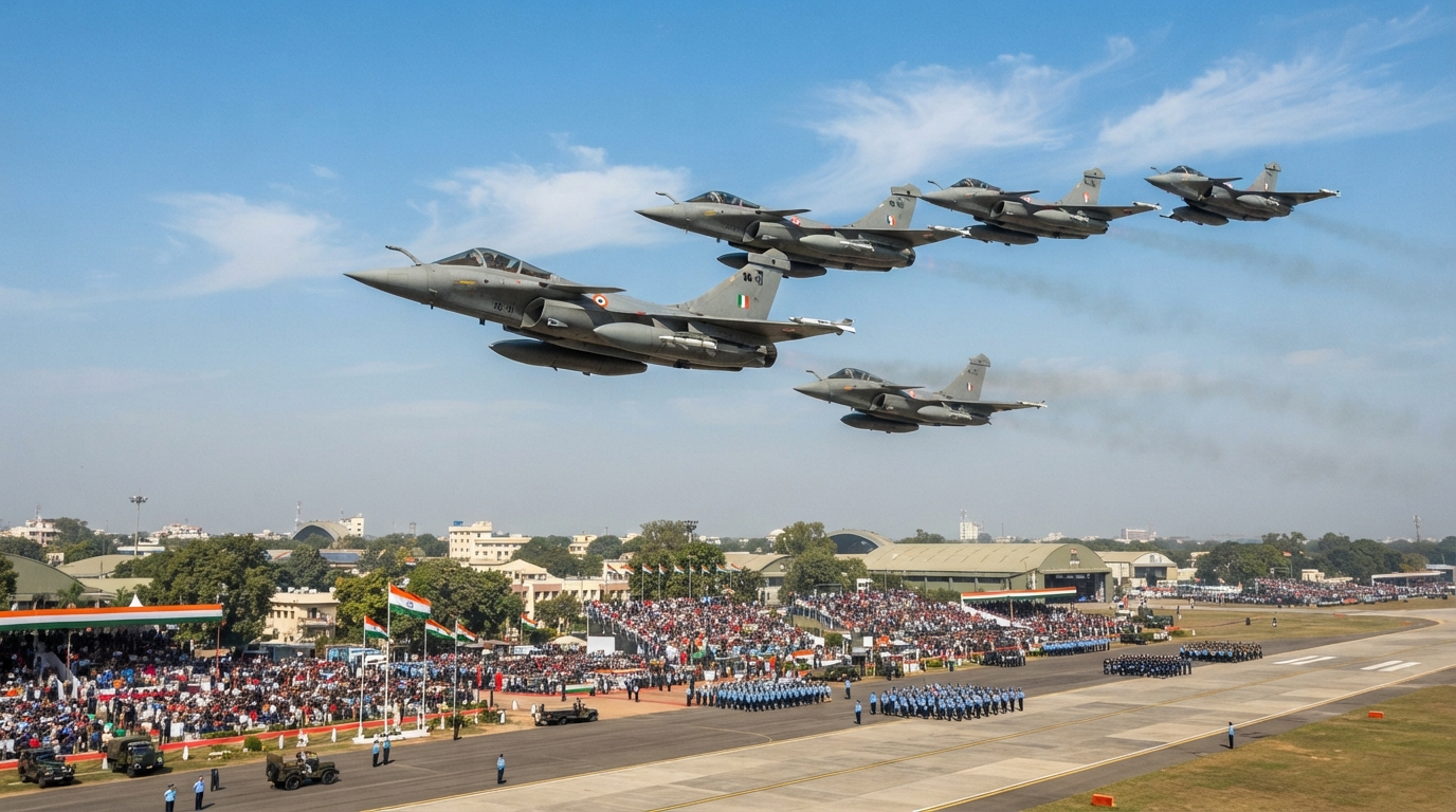 Indian Air Force jets flying in formation during Air Force Day celebrations.