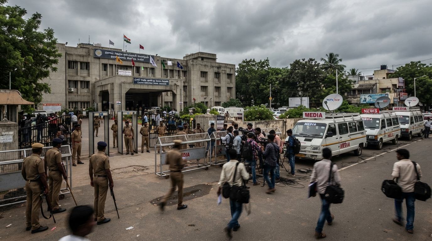 Security personnel and media gathered outside a vote counting center in Tamil Nadu.