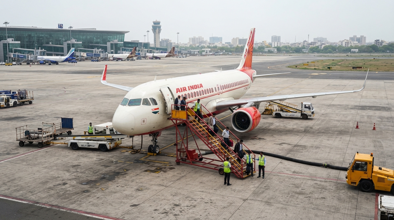 An Air India aircraft parked on an airport tarmac with passenger stairs attached.