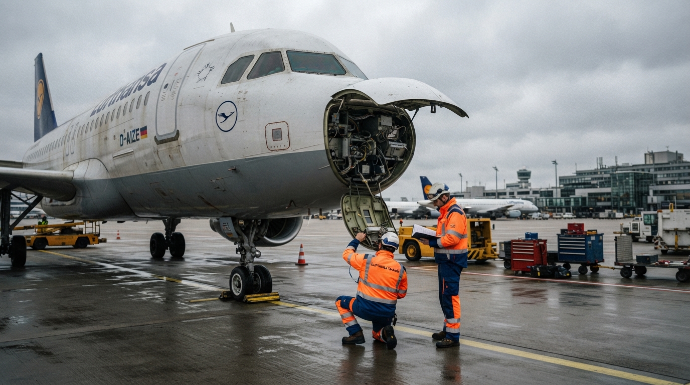 Engineers inspecting an IndiGo aircraft grounded at an airport tarmac.