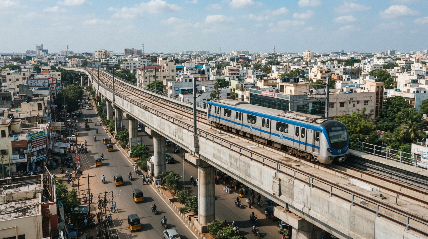 A Chennai Metro train running on the newly inaugurated elevated track.