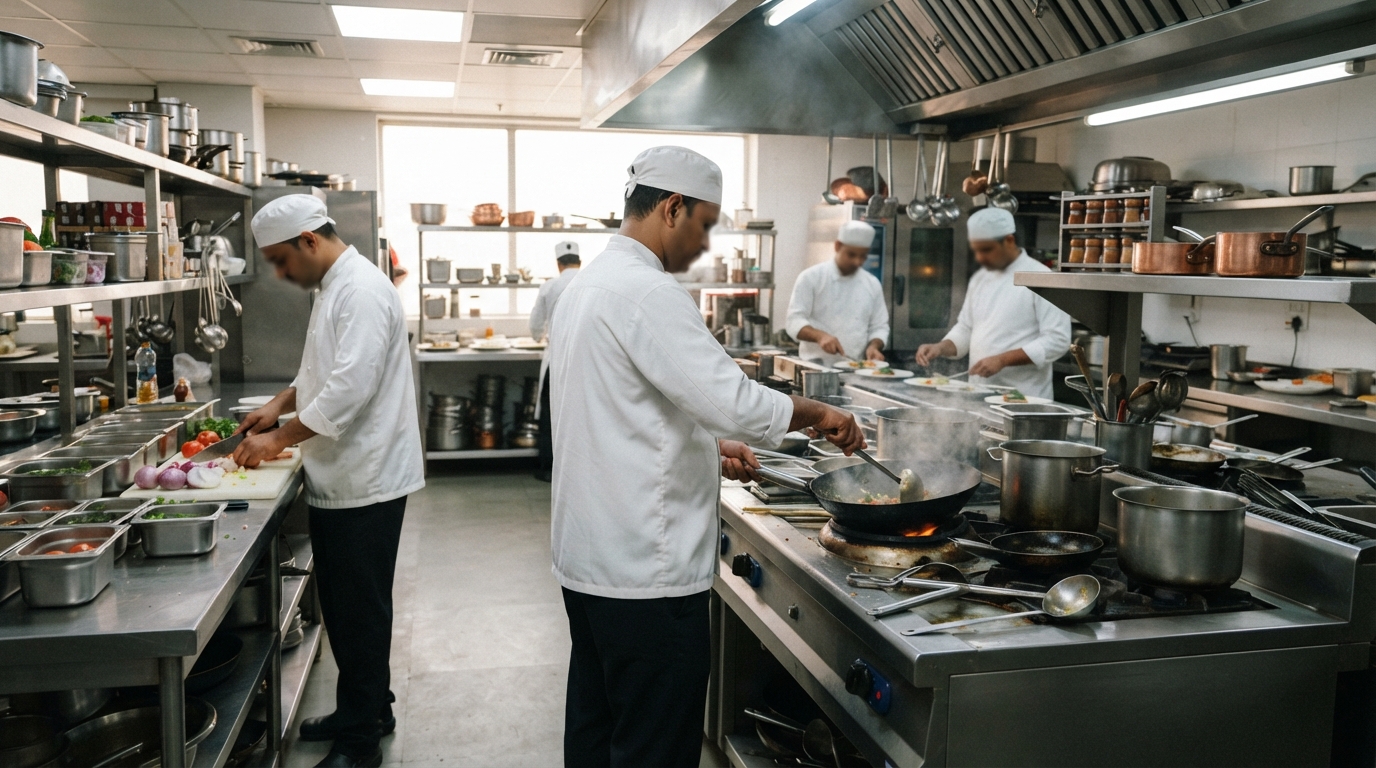 Chefs working in a clean commercial kitchen in Bengaluru