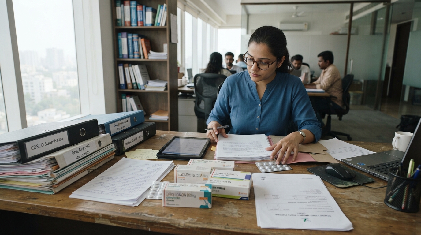 Pharmaceutical inspection documents and drug packages on a desk
