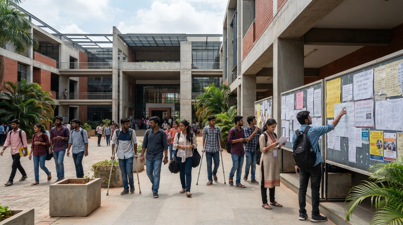 Students outside a higher education institution in Karnataka