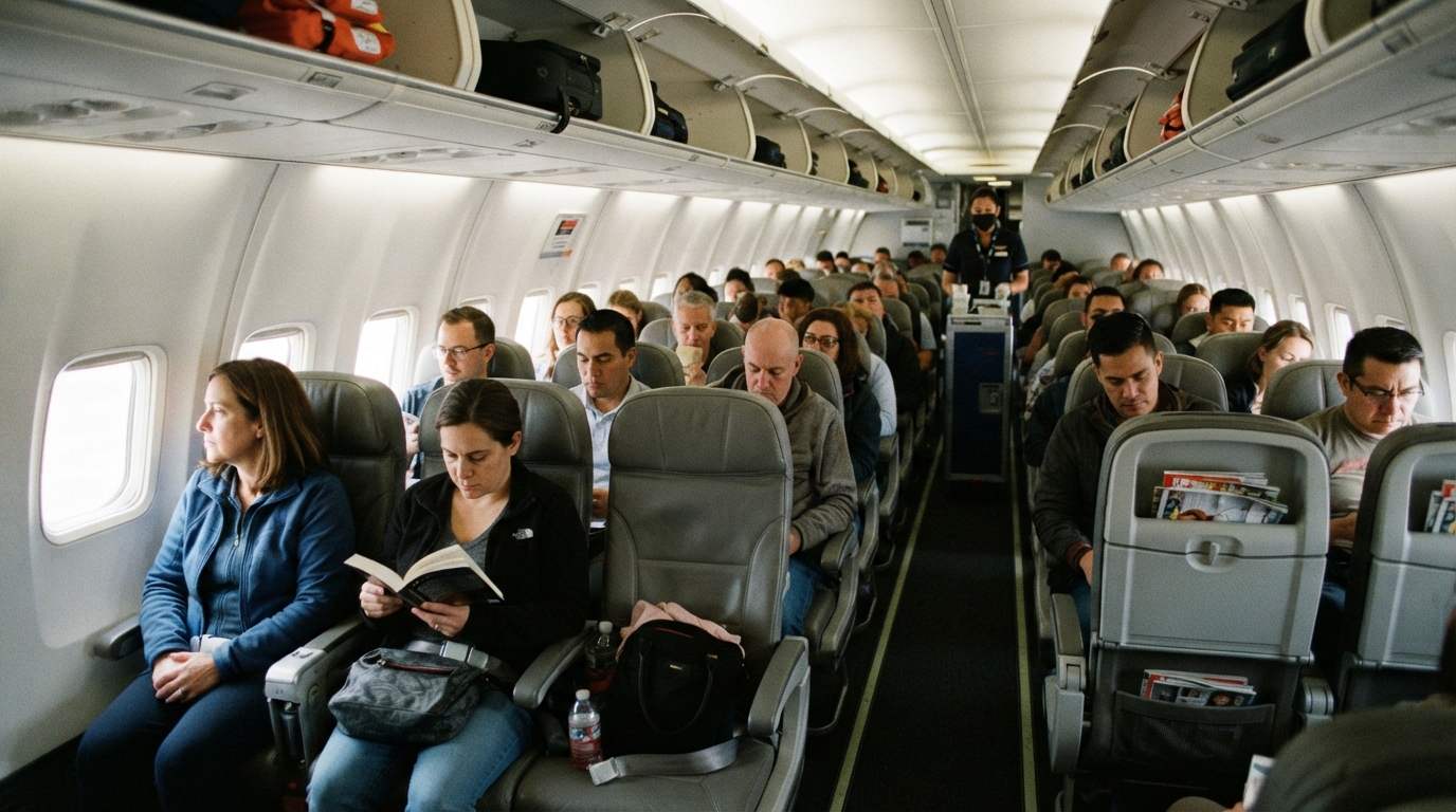 An aircraft cabin interior where passengers travel.