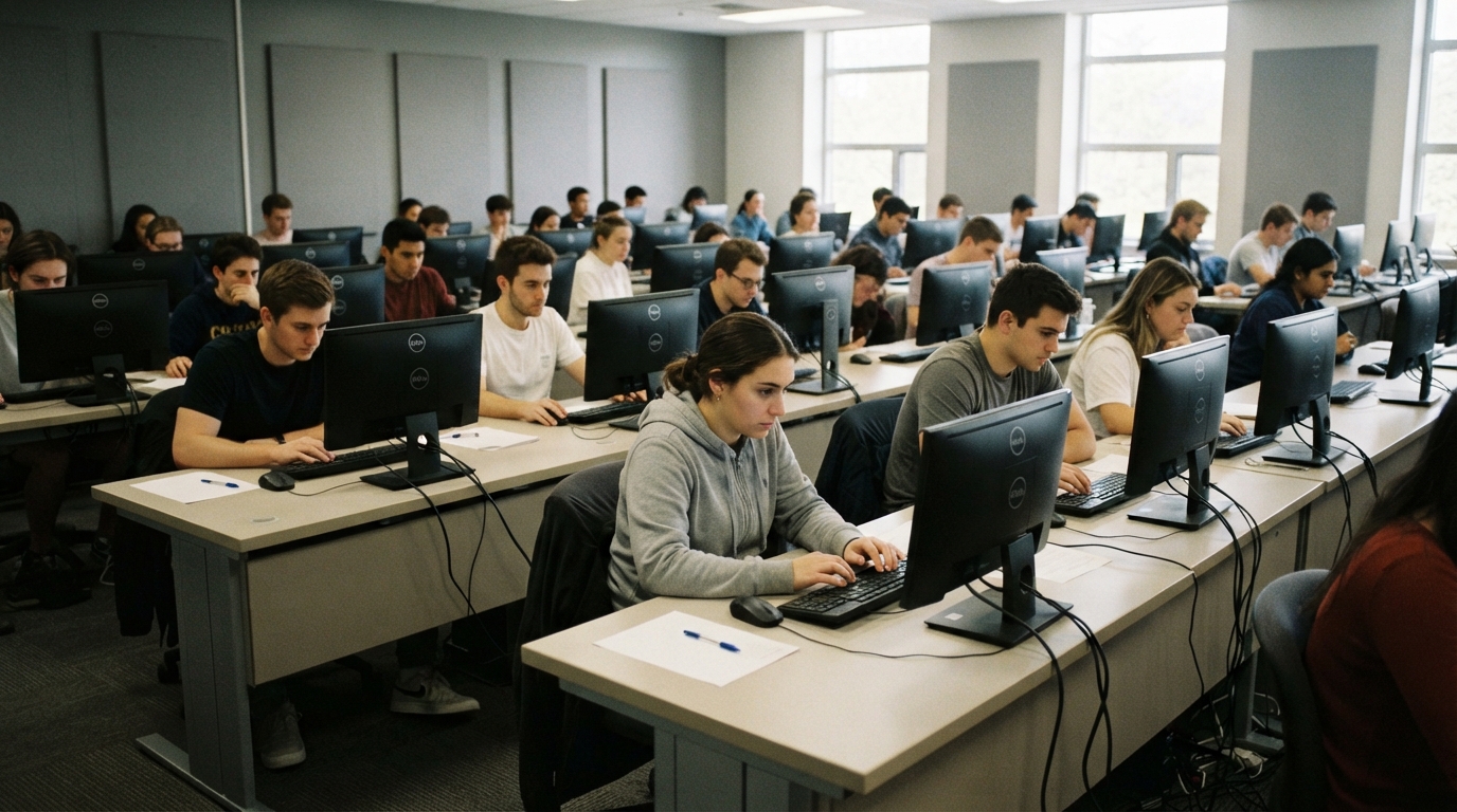 Students writing examinations at computer terminals in a test centre