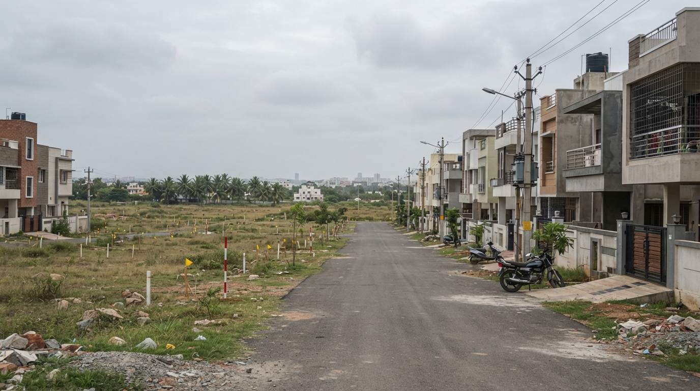 Residential layout street in South Bengaluru affected by infrastructure planning.