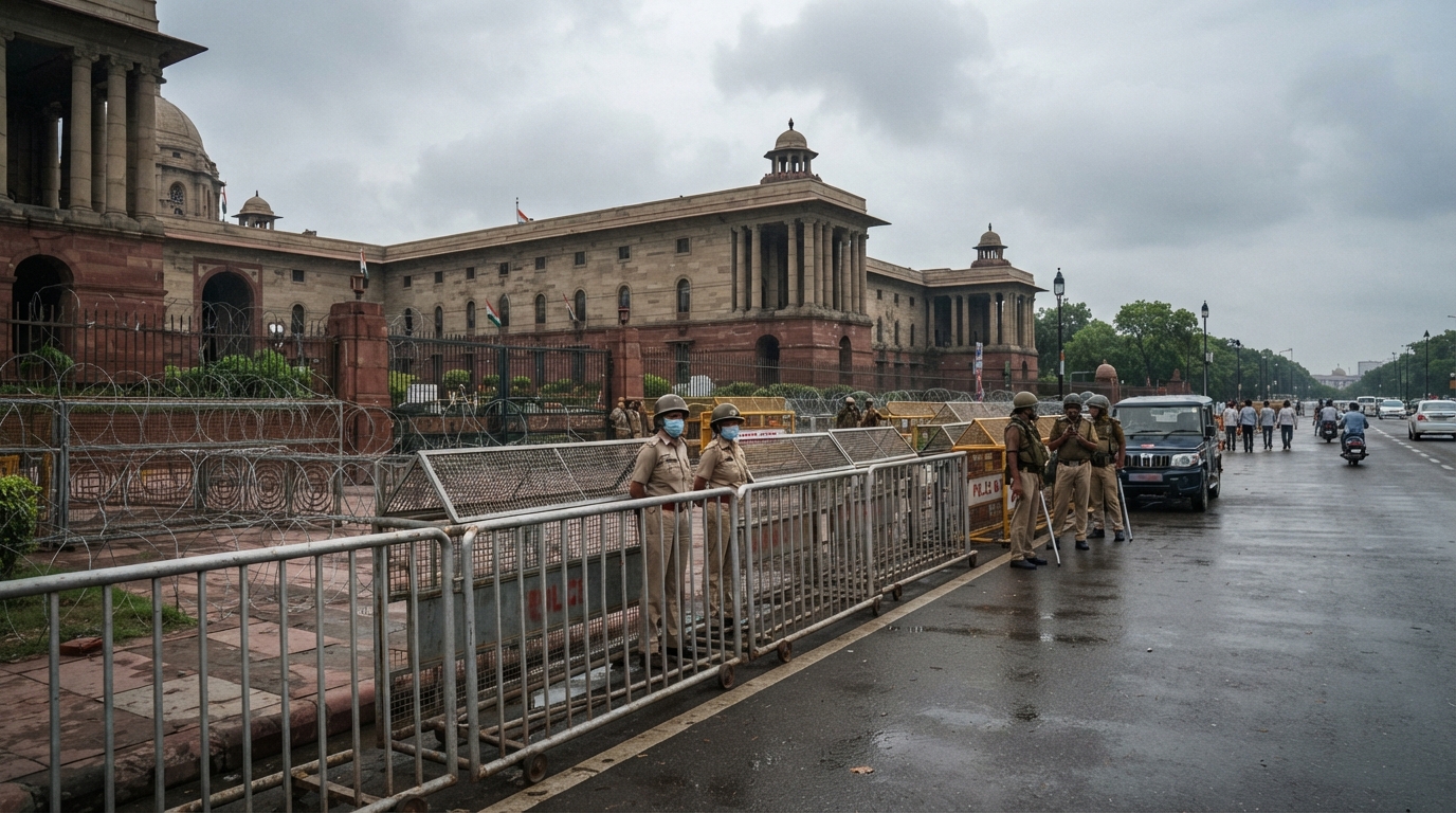 Security arrangements and barricades deployed by Delhi Police in central New Delhi.