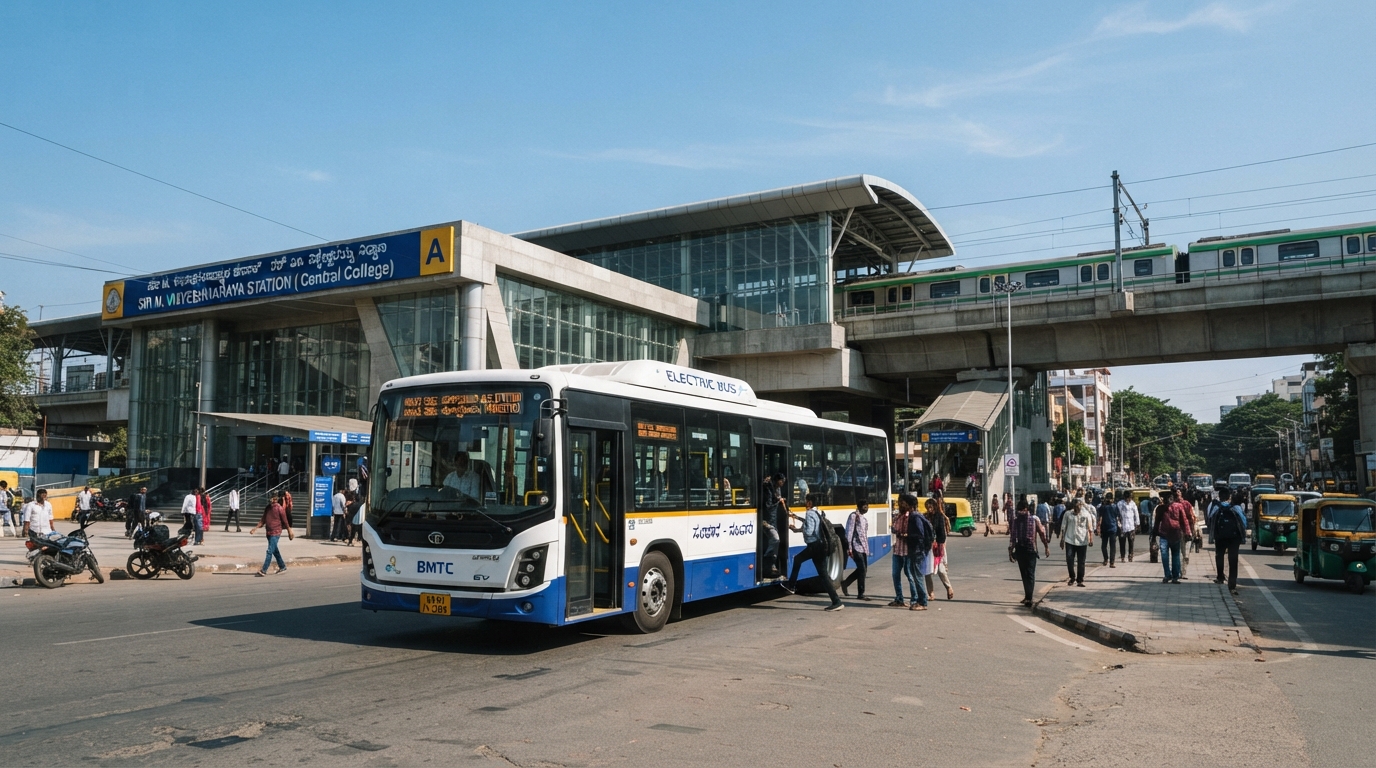 A BMTC transit bus near a Bengaluru metro station