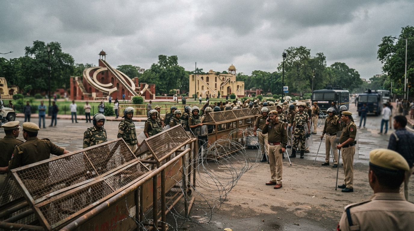 Security deployment and barricades near Jantar Mantar in New Delhi