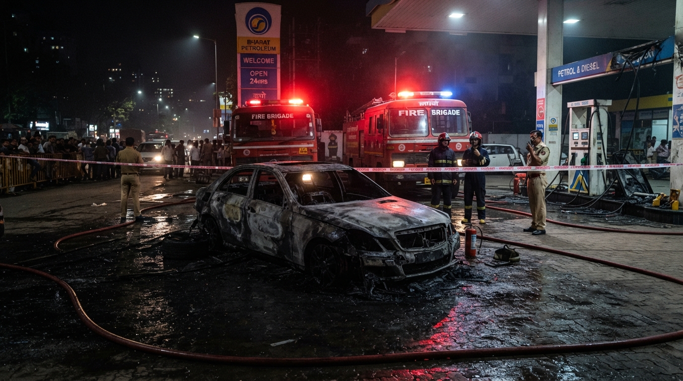 Fire-damaged car at a petrol station in Bengaluru