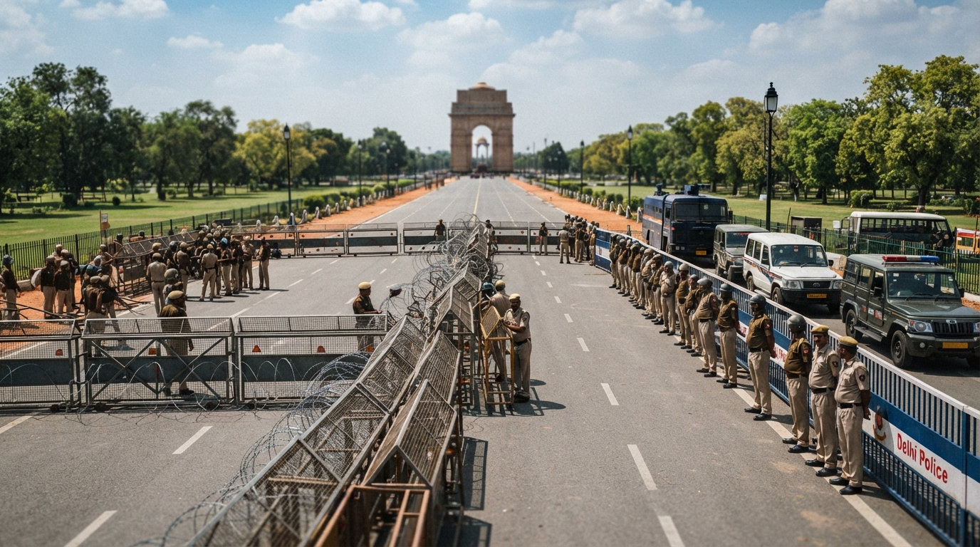 Police barricades set up on a New Delhi road during opposition protests