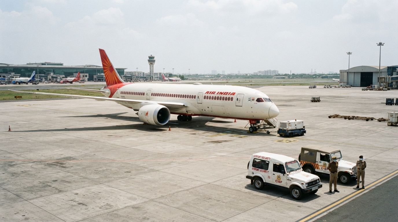 An Air India commercial aircraft stationed at an isolation bay during security checks at Jaipur airport.