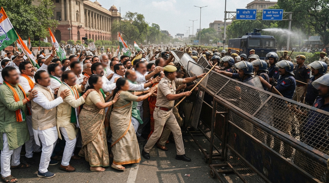 Opposition leaders and police during a protest march in New Delhi