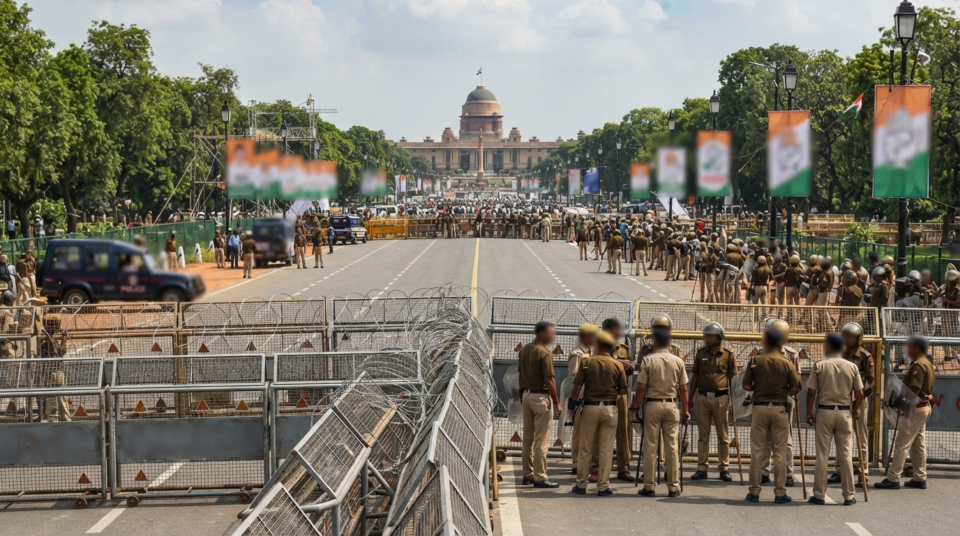 Police barricades and security deployment on a New Delhi avenue ahead of political protests