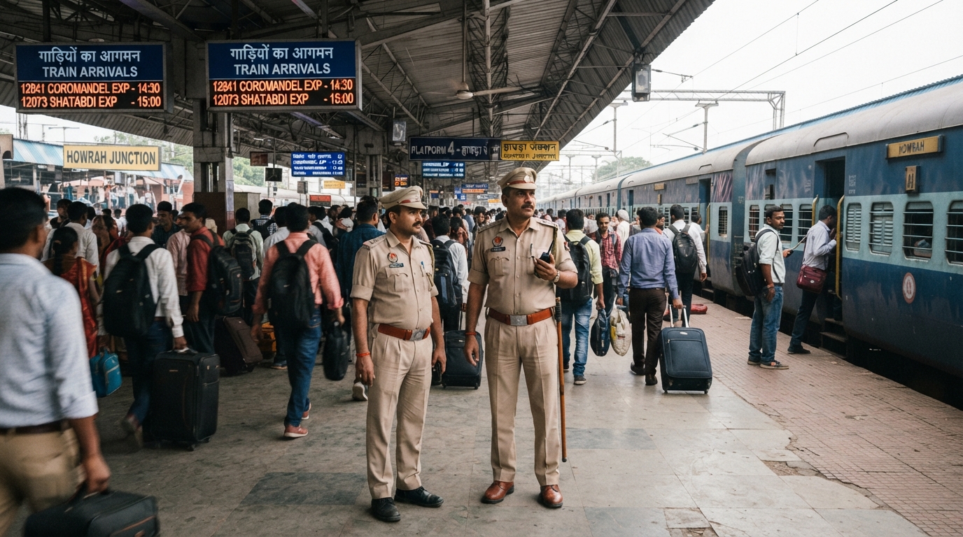Security personnel and passengers at a railway station amid train schedule changes.