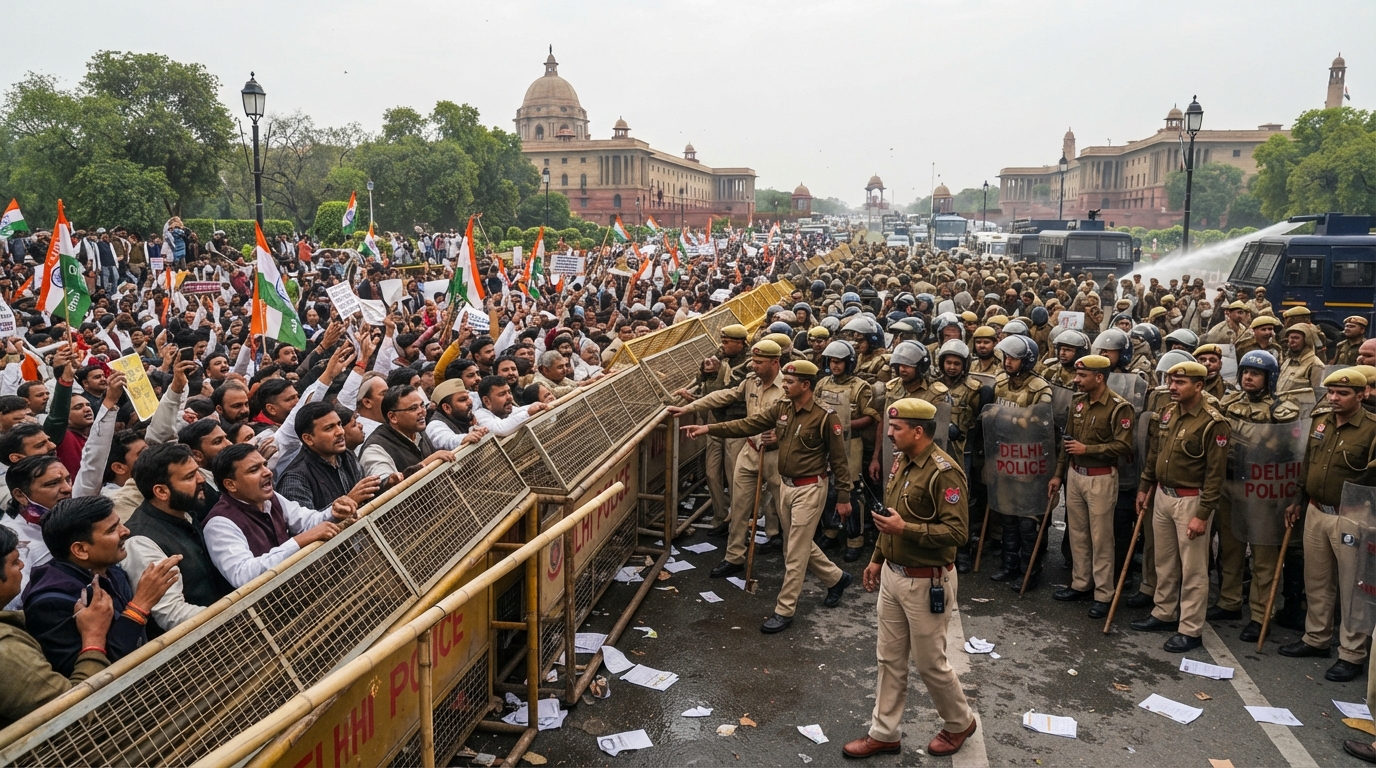 Security personnel and barricades deployed in New Delhi during the CJP protest