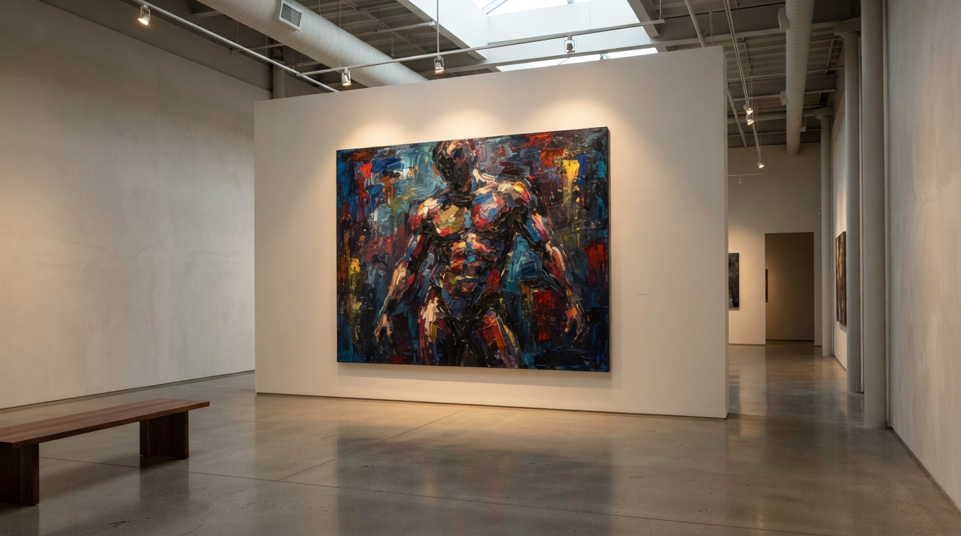 A gallery space featuring a major modernist painting under focused lighting