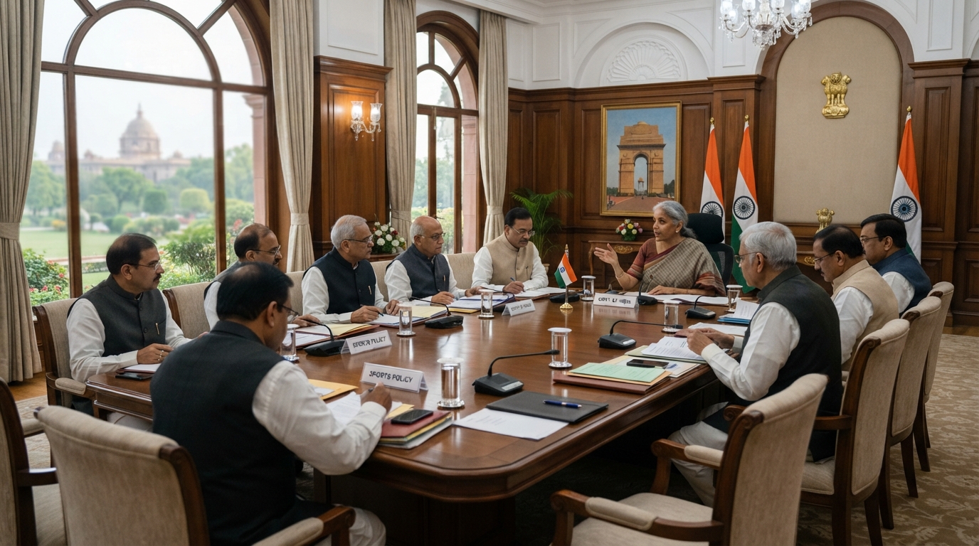 A conference room where government sports officials are holding a review meeting.