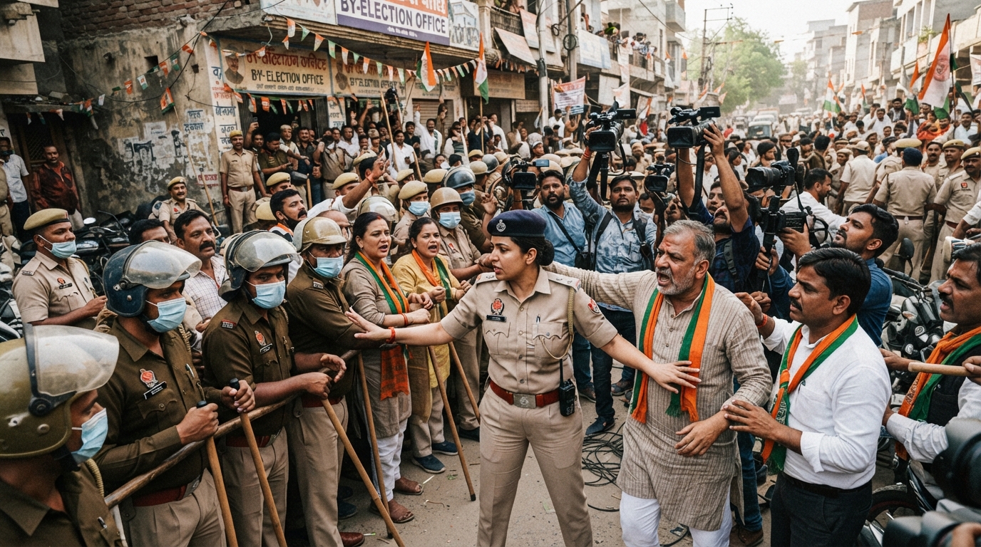 Police personnel outside a party office during the West Bengal bypolls