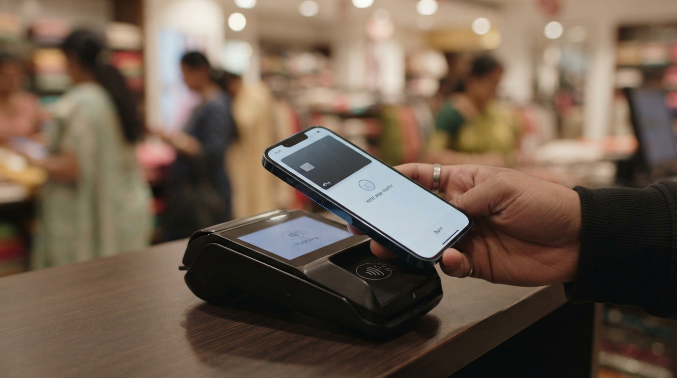 An iPhone displaying Apple Wallet for a contactless payment transaction at a retail terminal in India
