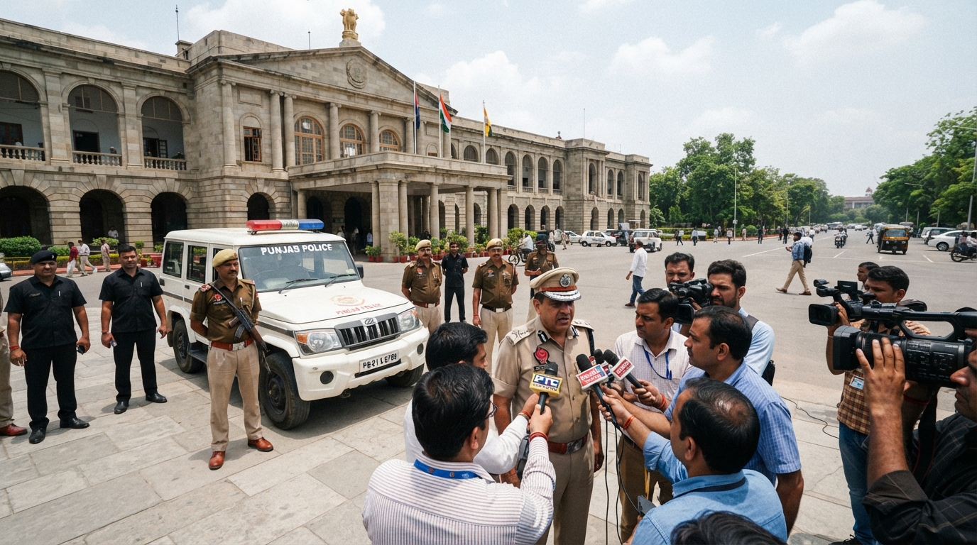 Police personnel and security presence outside a building in Punjab following a major crime investigation.