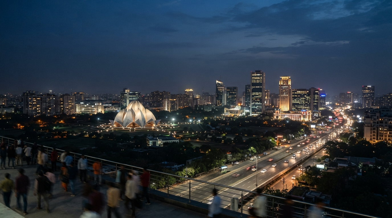 Delhi cityscape at night after earthquake tremors