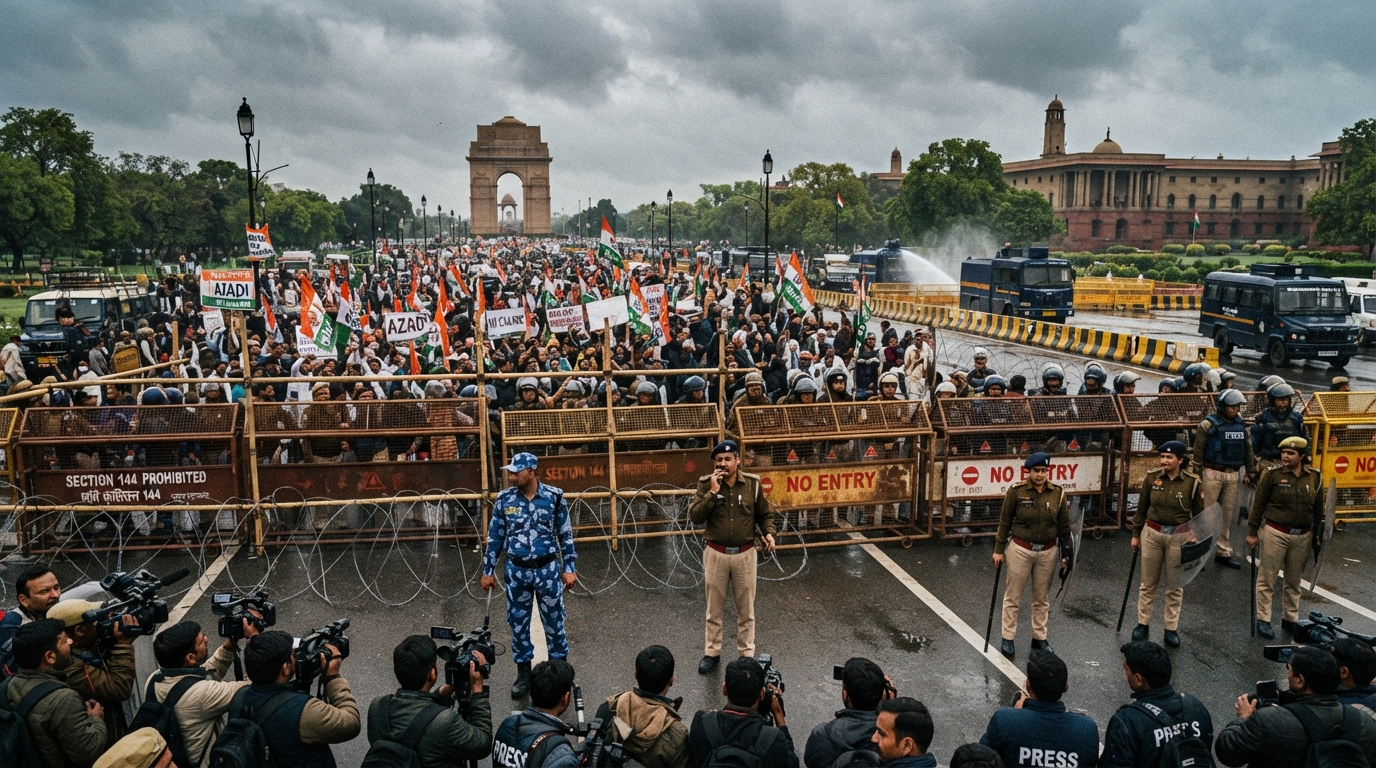 Security forces and barricades deployed on a closed street in New Delhi.