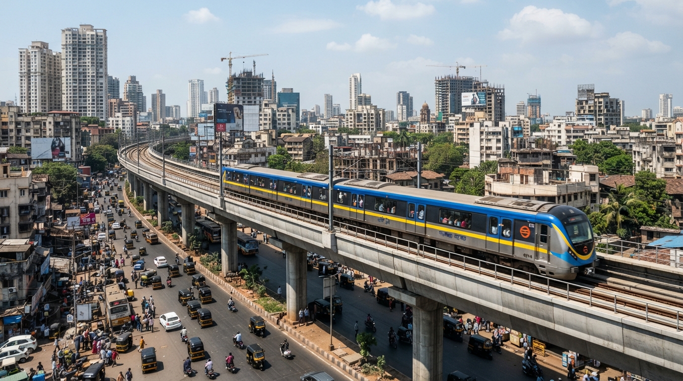An elevated metro train operating on a newly constructed urban corridor.