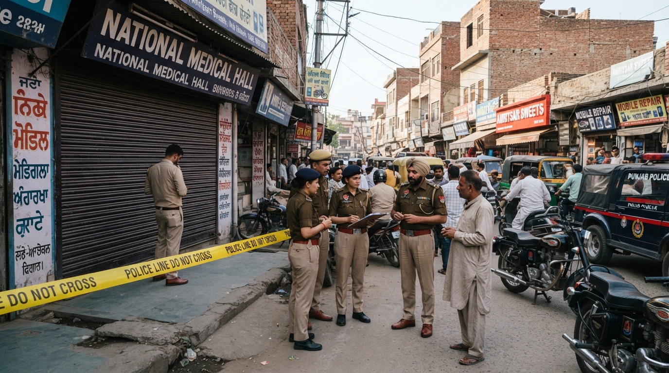 Police personnel investigating the site of the shooting outside a medical store in Mansa.