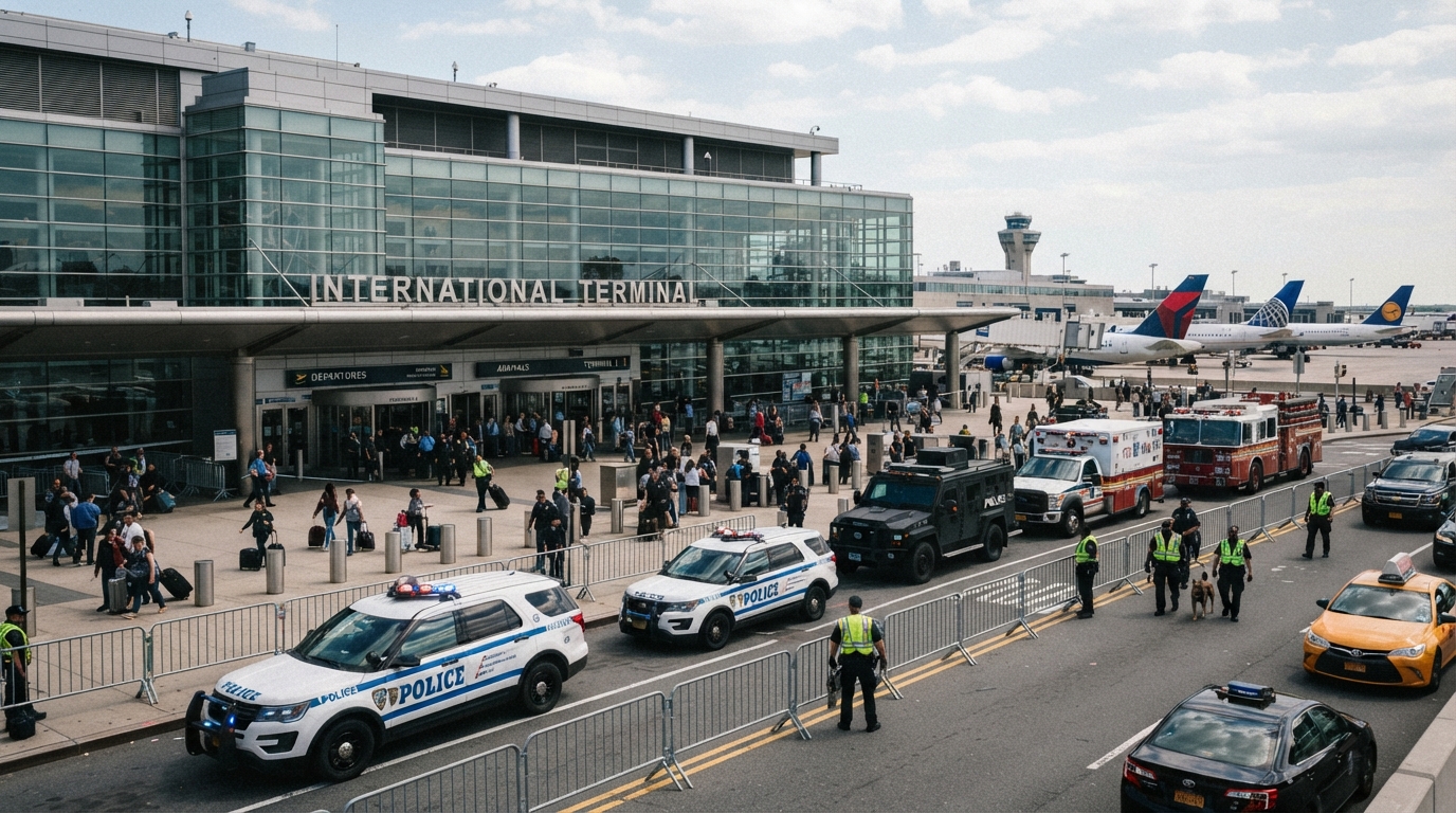 Emergency vehicles stationed outside an international airport terminal following a security incident.