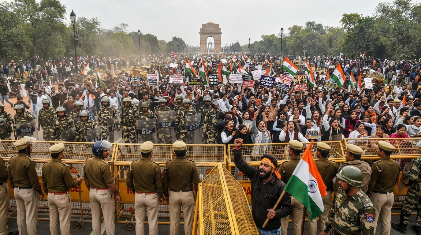 Opposition supporters and security personnel during a protest march in New Delhi.
