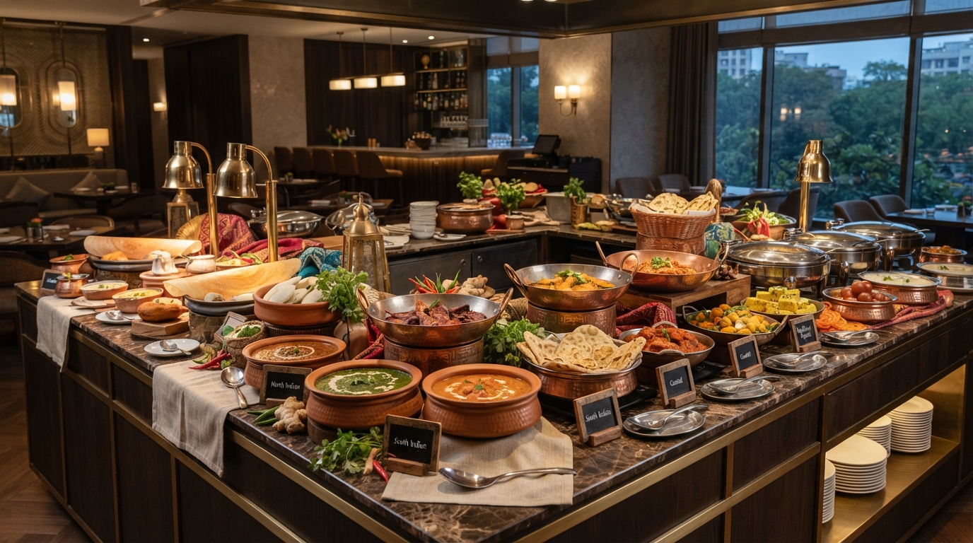 Gourmet regional festival dishes served at a luxury hotel restaurant buffet
