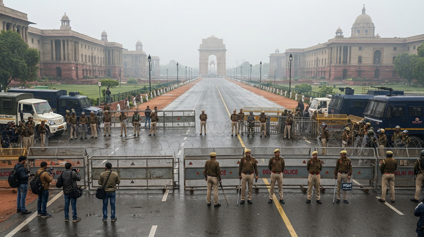 Security barricades and police personnel deployed on a New Delhi street