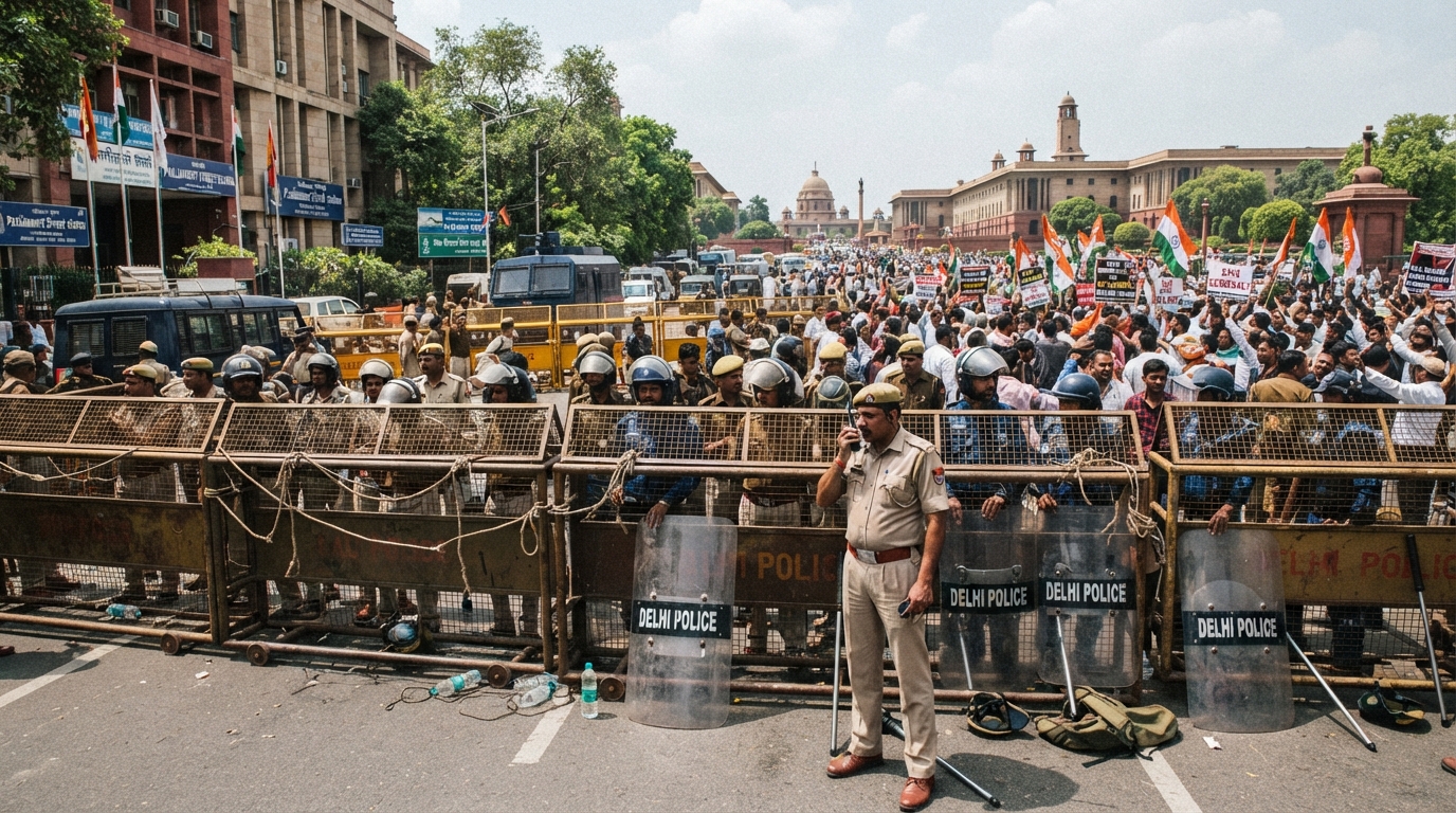 Security personnel and barricades deployed outside a police station in New Delhi
