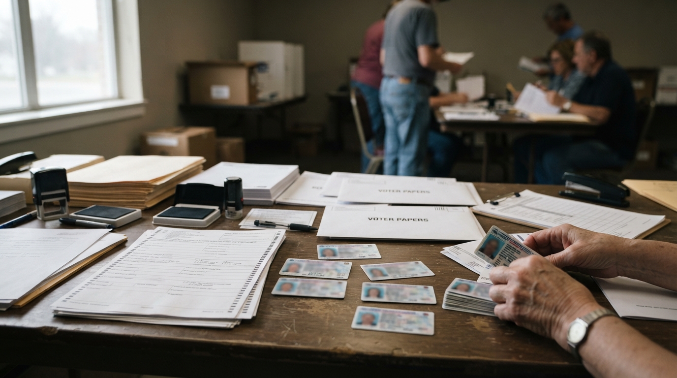 Electoral documents and voter registration paperwork on a table