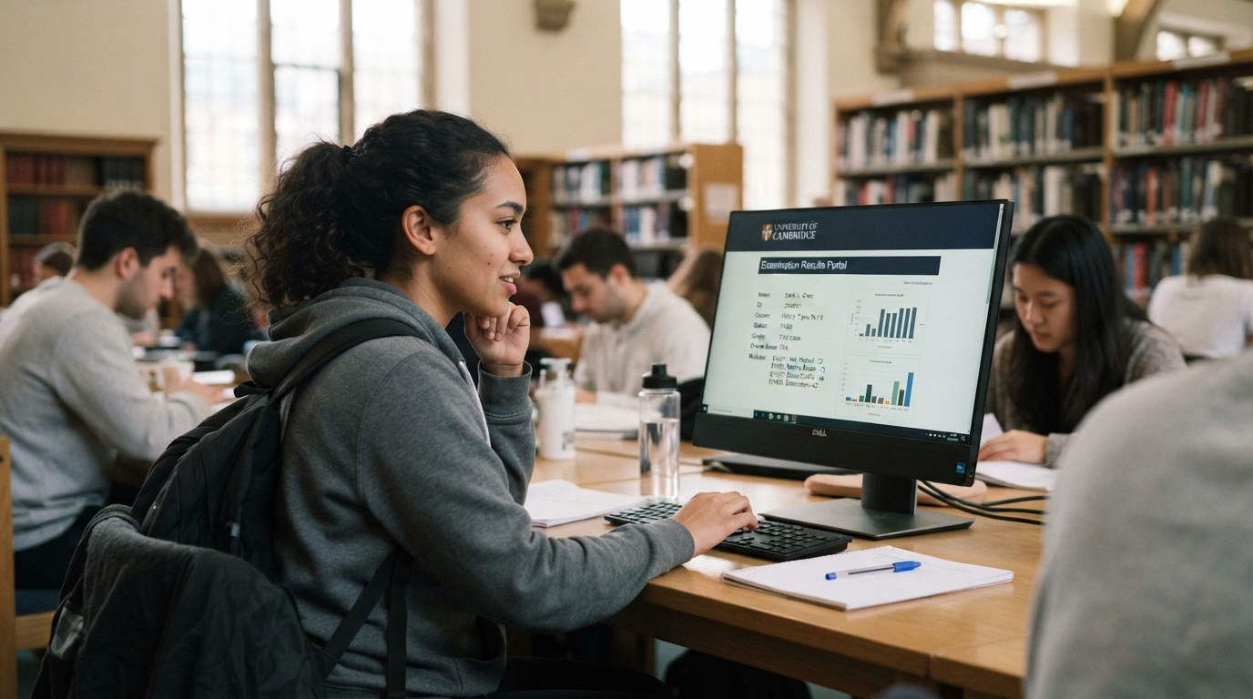 A computer screen showing online exam results in a library.