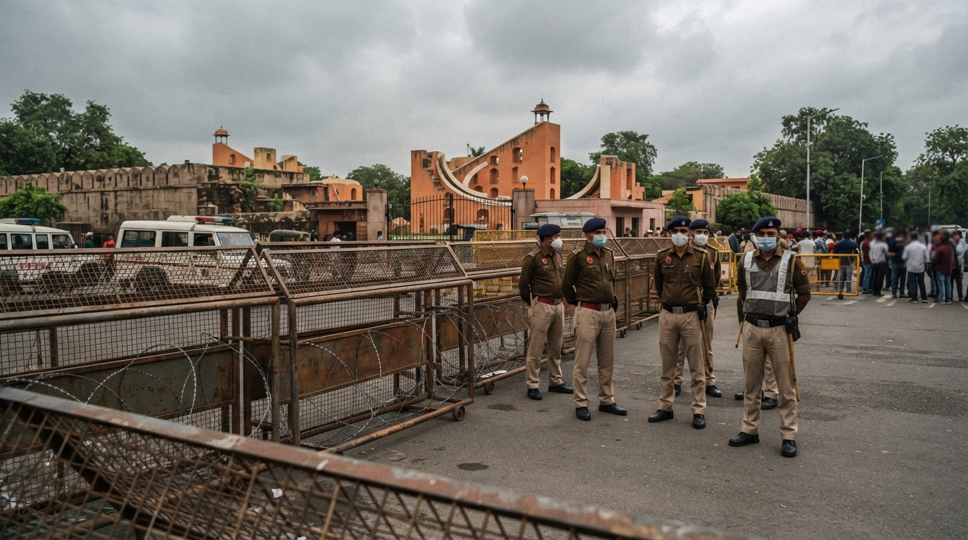 Security personnel and barricades near the de-notified Jantar Mantar protest site in New Delhi.