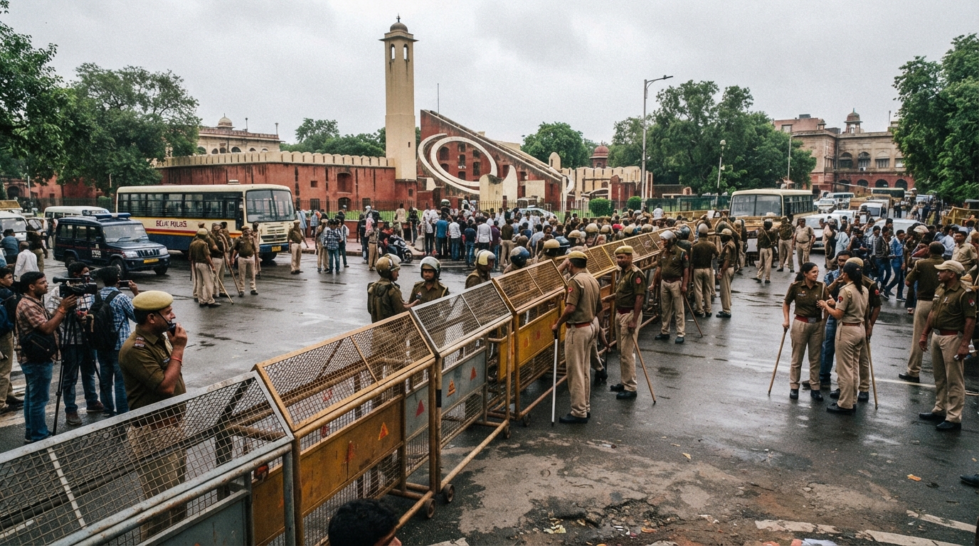 Security personnel and barricades deployed near Jantar Mantar in New Delhi.