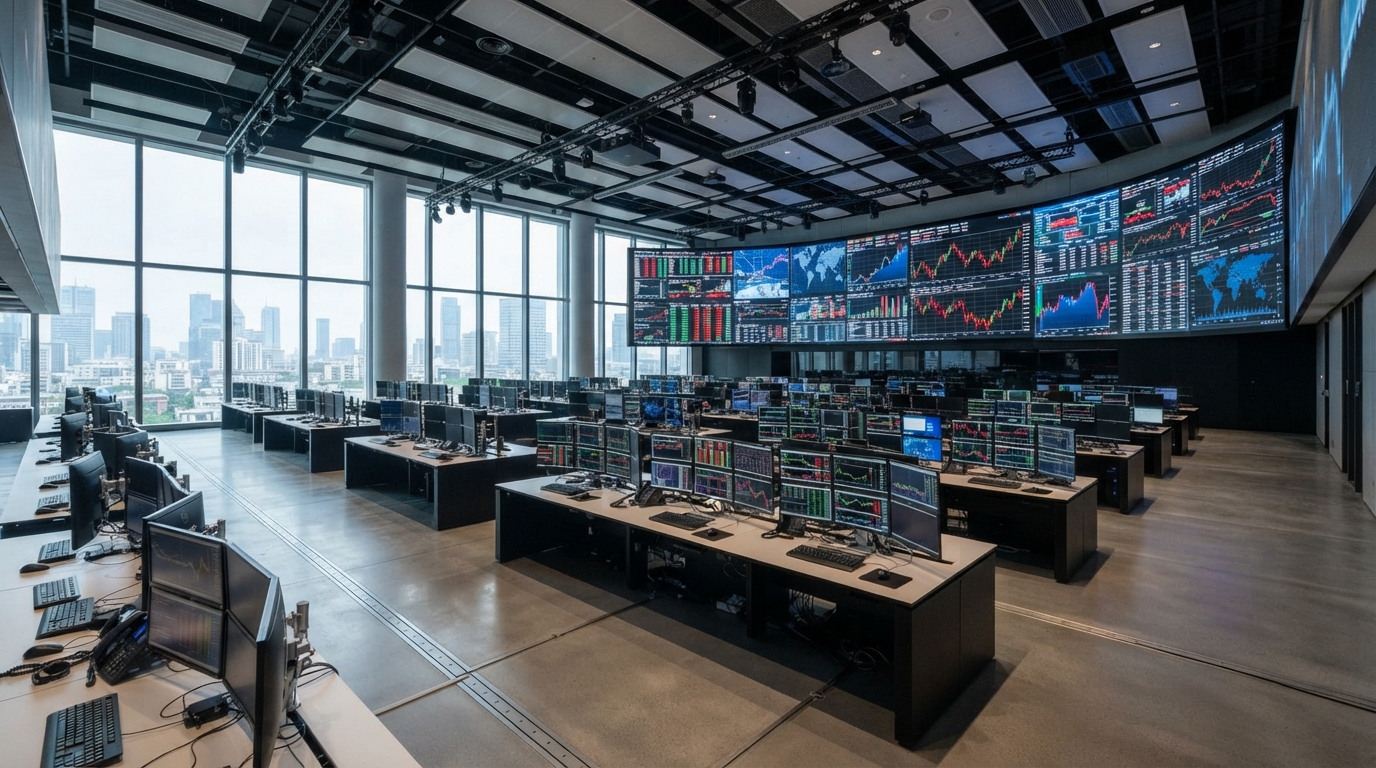 Stock market trading floor and digital screens