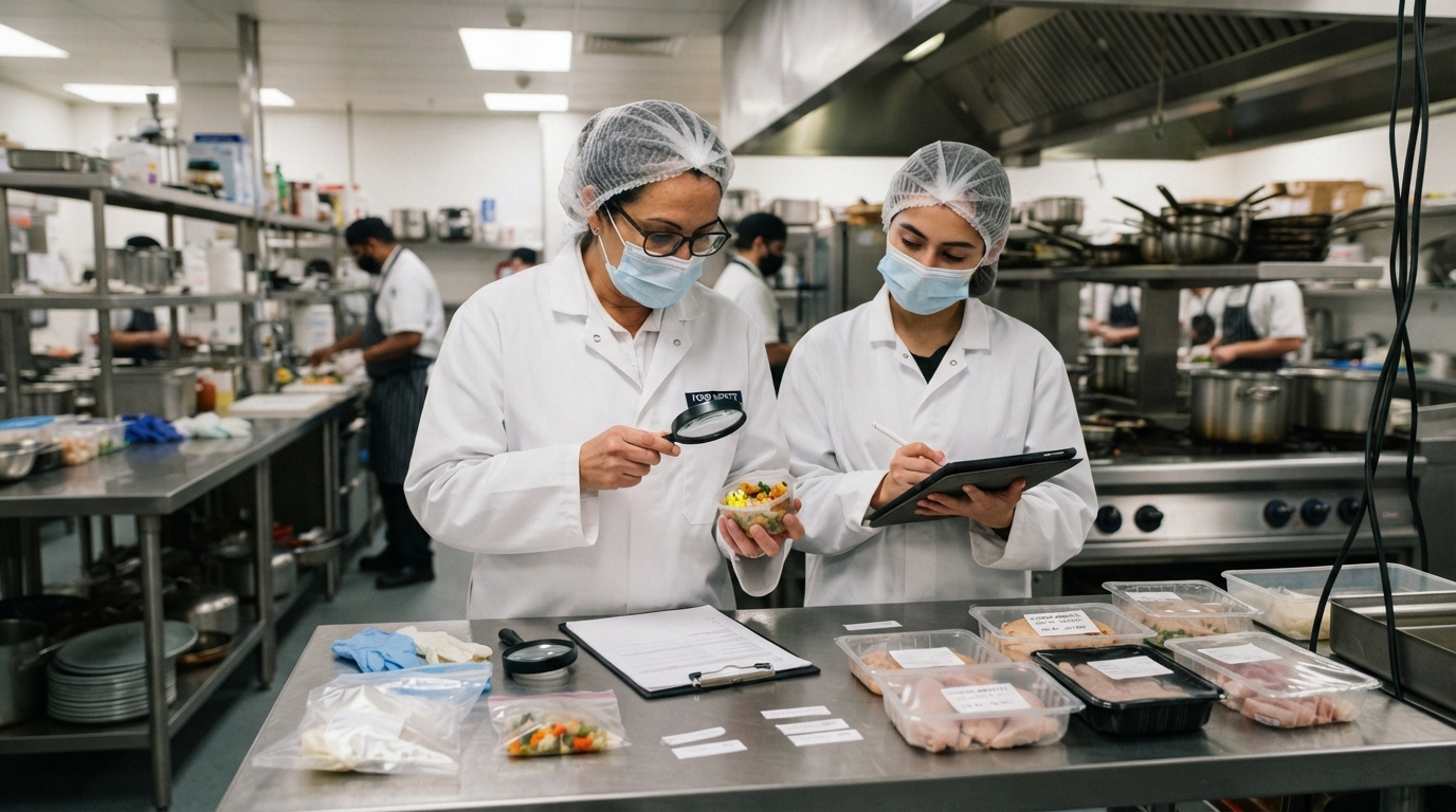 Food safety inspectors checking samples at a manufacturing facility