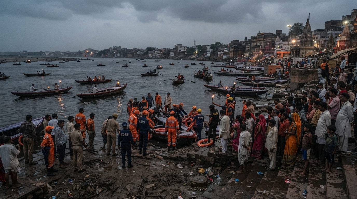 Rescue operations underway near the Ganga riverbank in Vaishali district following a boat capsize.