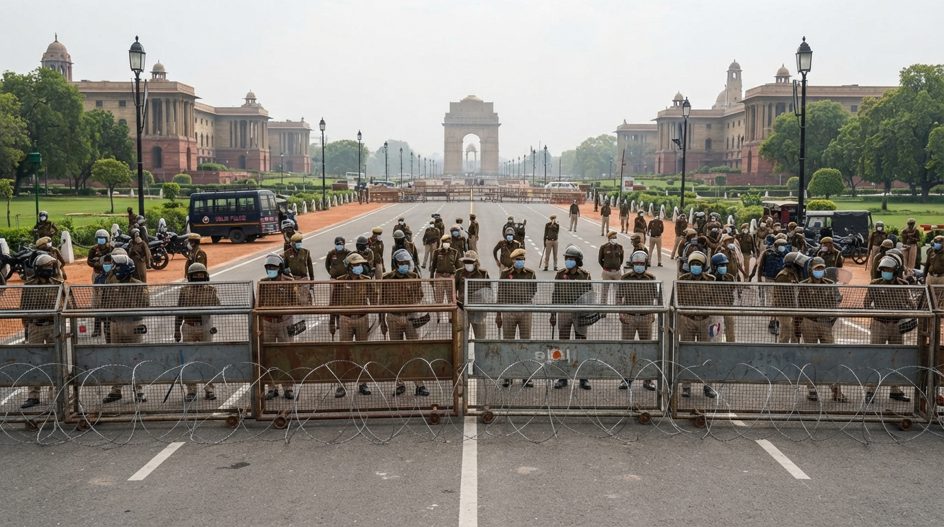 Heavy security barricades and police personnel deployed on a Delhi street.