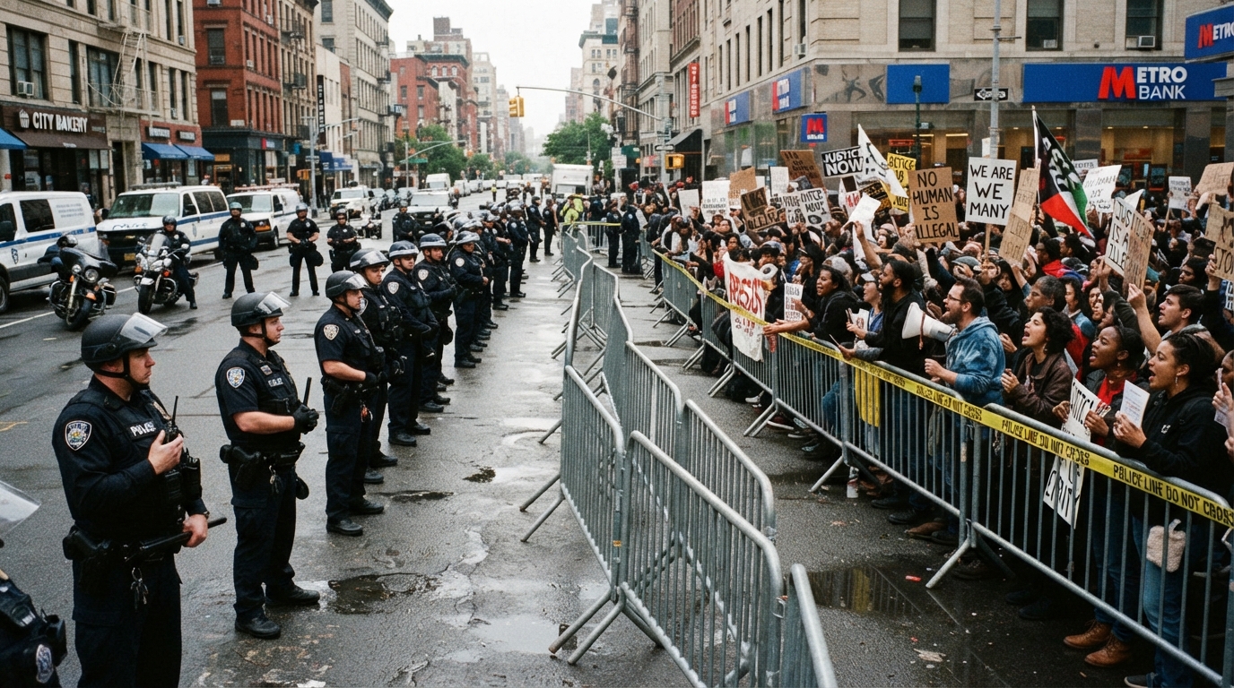 Police personnel maintaining a heavy security cordon during a political protest on a city street