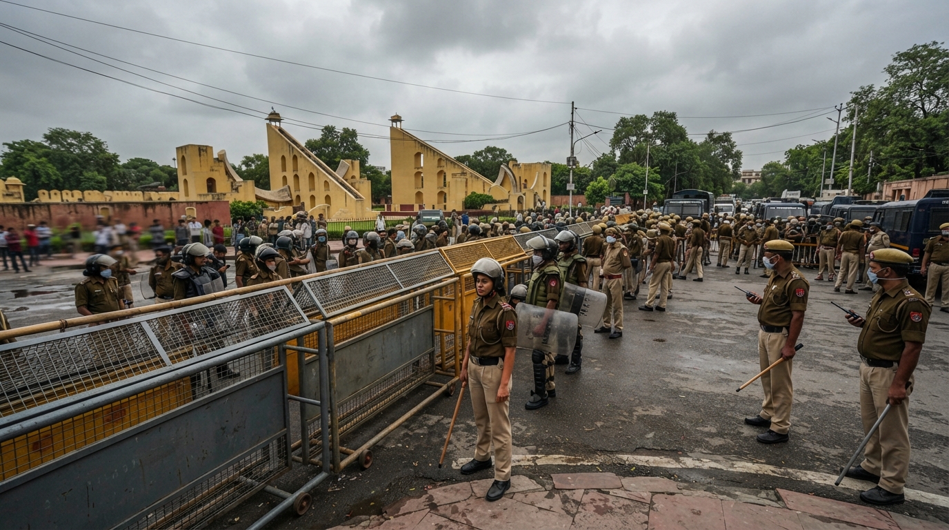Police barricades and security personnel deployed near Jantar Mantar in New Delhi.