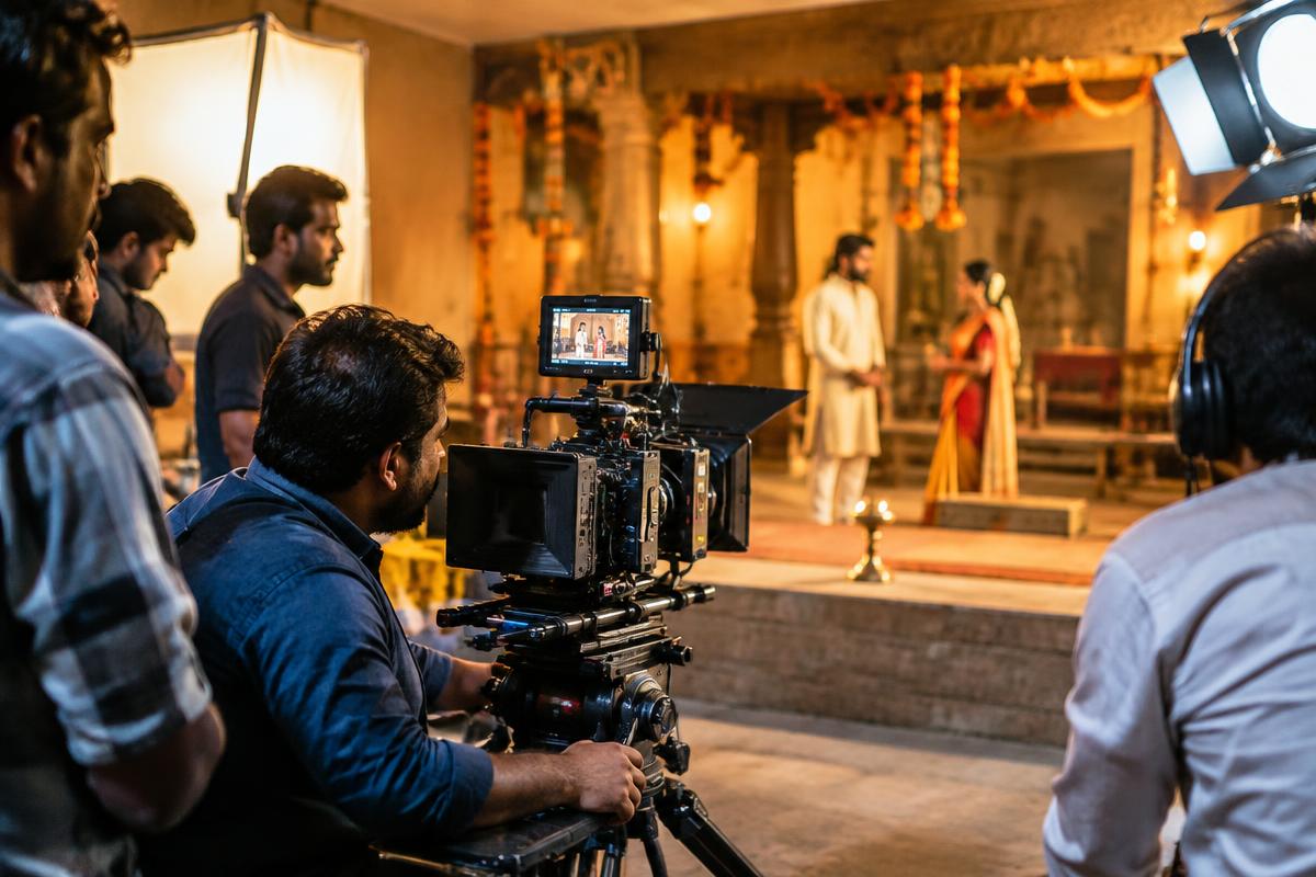 A film set with cameras and lighting during a shoot