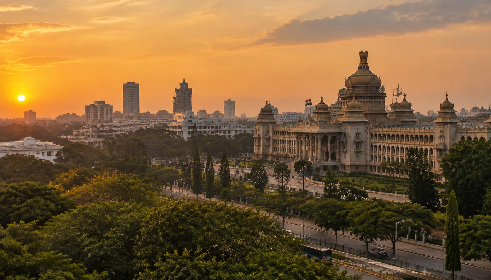 Bengaluru skyline at golden hour with Vidhana Soudha